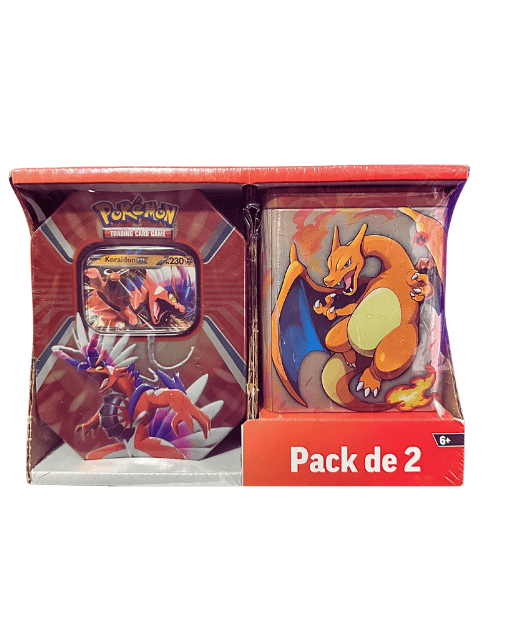 Pokemon Lata Koraidon ex (1 carta promocional foil y 4 sobres de mejora) + Lata Apilable Charizard Pack 2 (español)